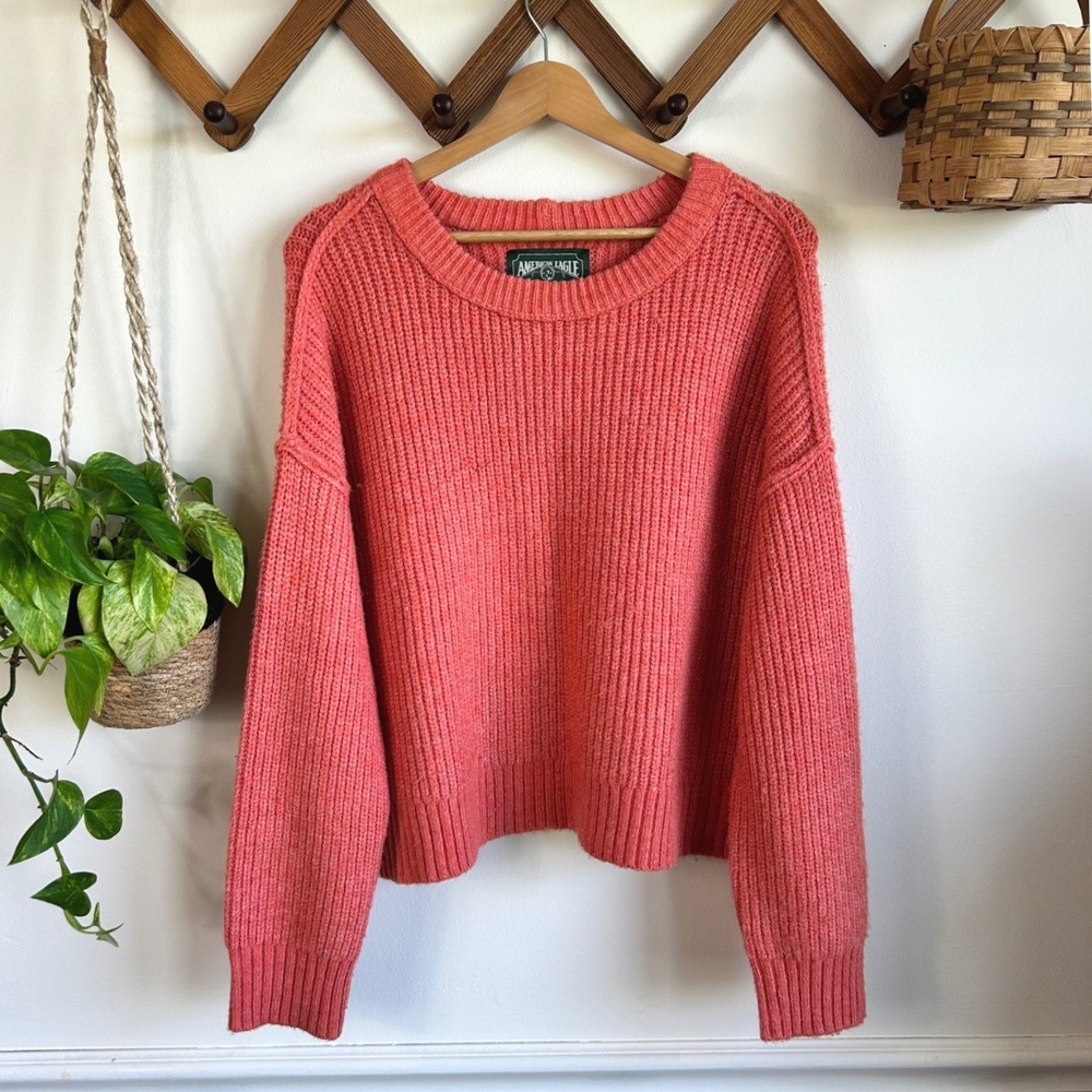 American Eagle Coral Pink Ribbed Knit Crewneck Sweater Wool Blend Medium
